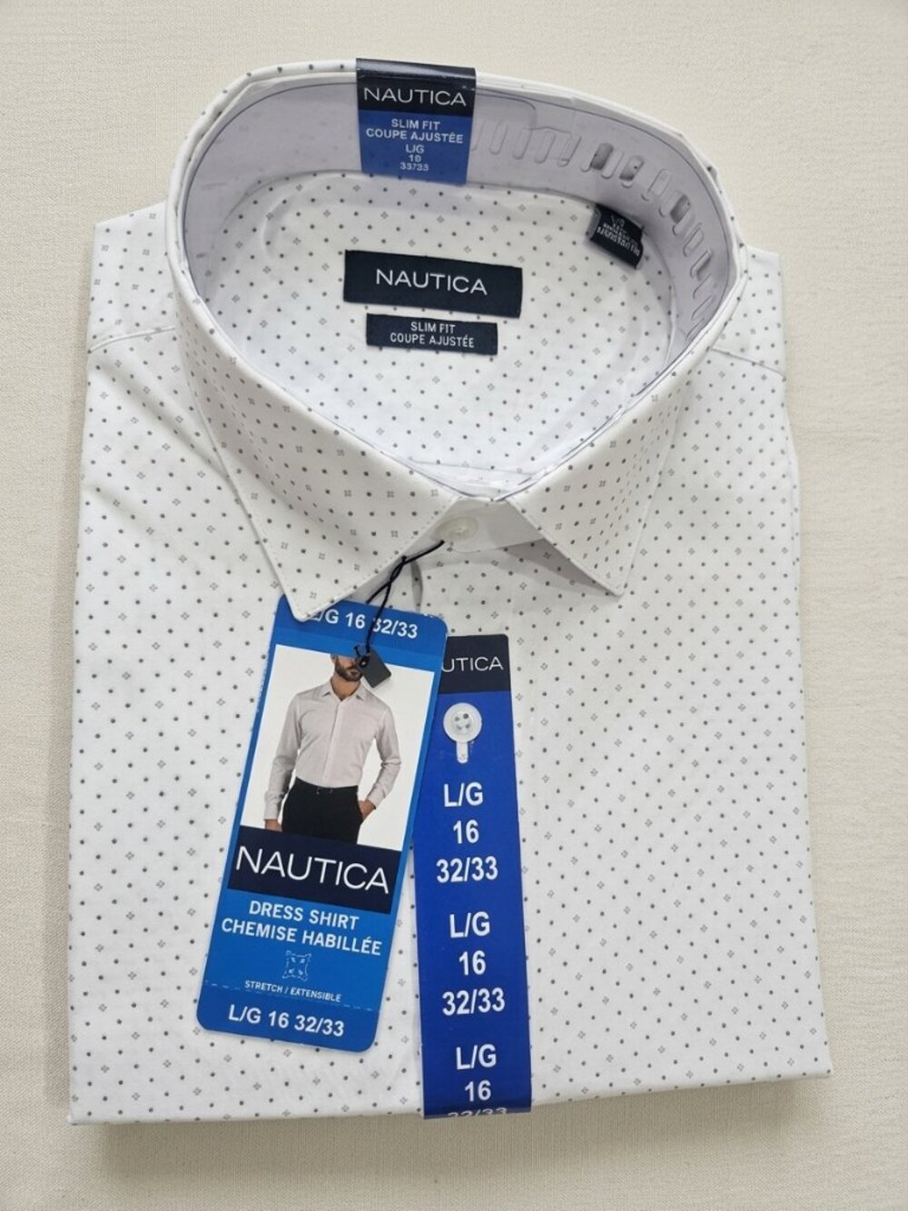 NWT Nautica Slim Fit Stretch Dress Shirt White Micro Dot L 16 32/33